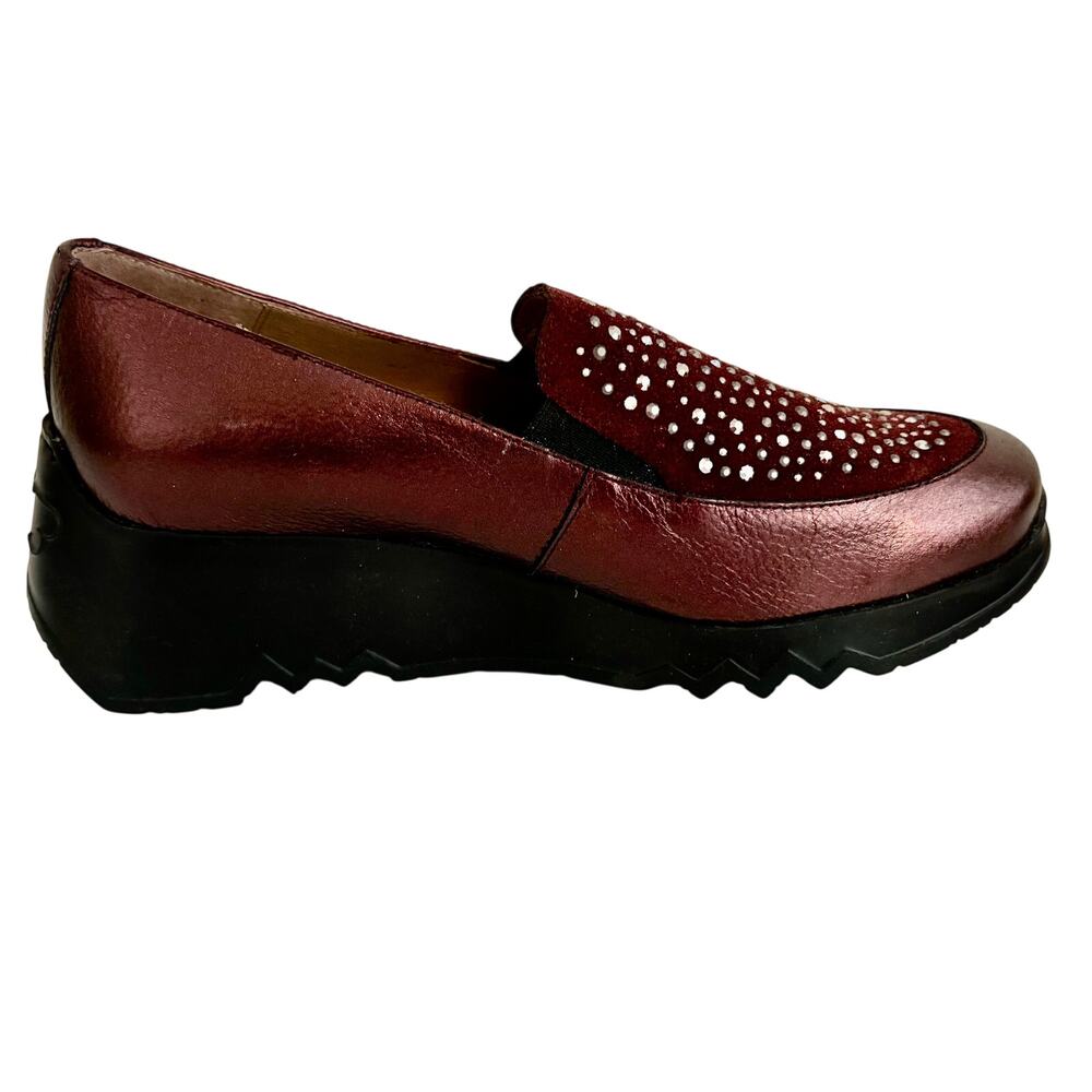 NWT Wonders Spain Maroon Studded Leather Suede Wedge Loafers Slip On Platform